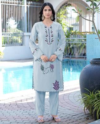 Light-blue embroidered art silk straight cut kurta 1