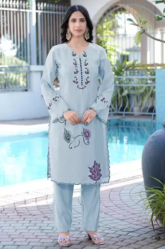 Light-blue embroidered art silk straight cut kurta