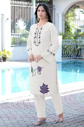 Cream embroidered art silk straight cut kurta pants set
