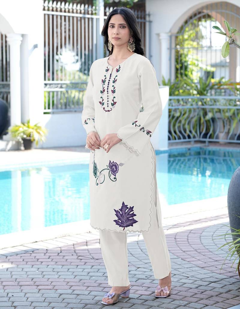 Cream embroidered art silk straight cut kurta pants set