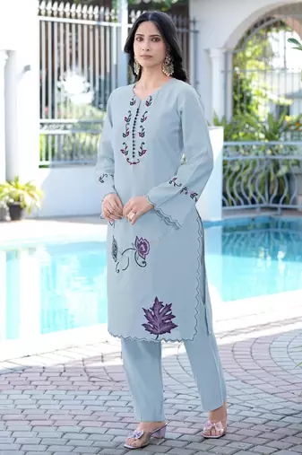 Light-blue embroidered art silk straight cut kurta