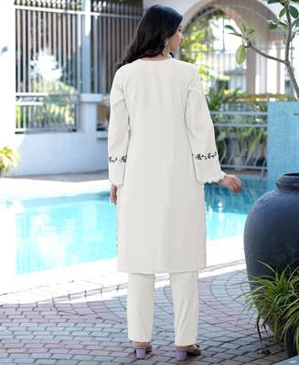 Cream embroidered art silk straight cut kurta pants set 3