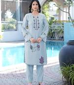 Light-blue embroidered art silk straight cut kurta pants set