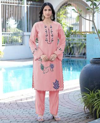 Light-pink embroidered art silk straight cut kurta 1