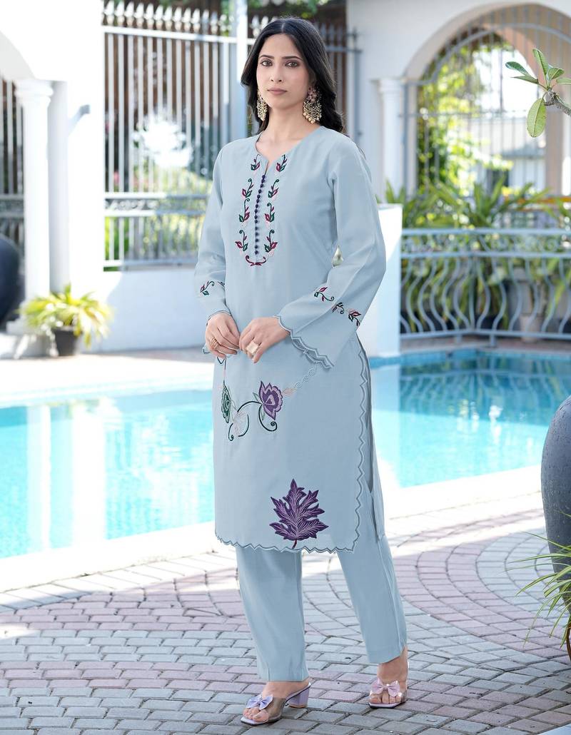 Light-blue embroidered art silk straight cut kurta pants set
