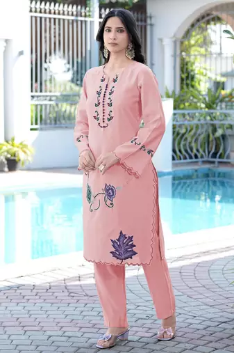 Light-pink embroidered art silk straight cut kurta