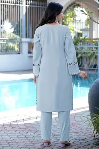 Light-blue embroidered art silk straight cut kurta pants set