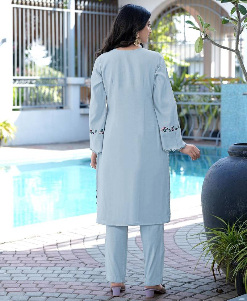 Light-blue embroidered art silk straight cut kurta pants set