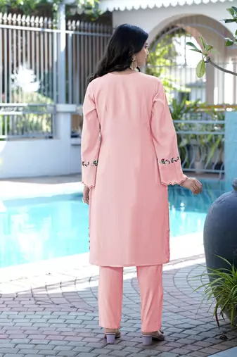 Light-pink embroidered art silk straight cut kurta