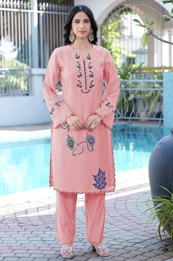 Light-pink embroidered art silk straight cut kurta pants set