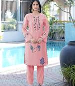 Light-pink embroidered art silk straight cut kurta pants set