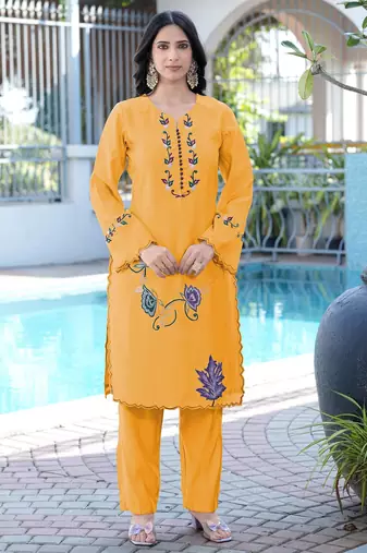 Yellow embroidered art silk straight cut kurta