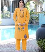 Yellow embroidered art silk straight cut kurta