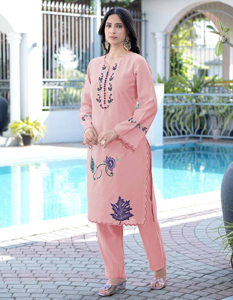 Light-pink embroidered art silk straight cut kurta pants set