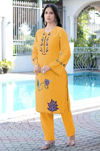 Yellow embroidered art silk straight cut kurta