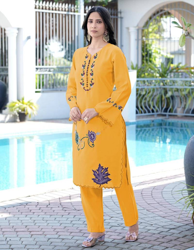Yellow embroidered art silk straight cut kurta