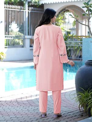 Light-pink embroidered art silk straight cut kurta pants set 3