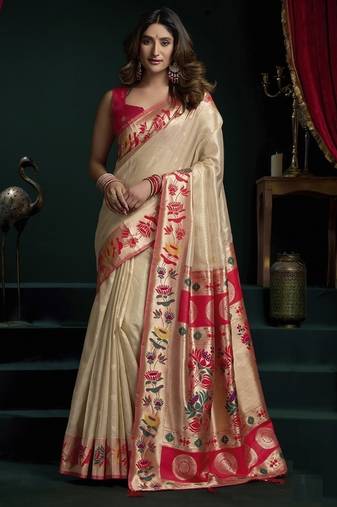 Off white tissue paithani saree mina with lotus zari border
