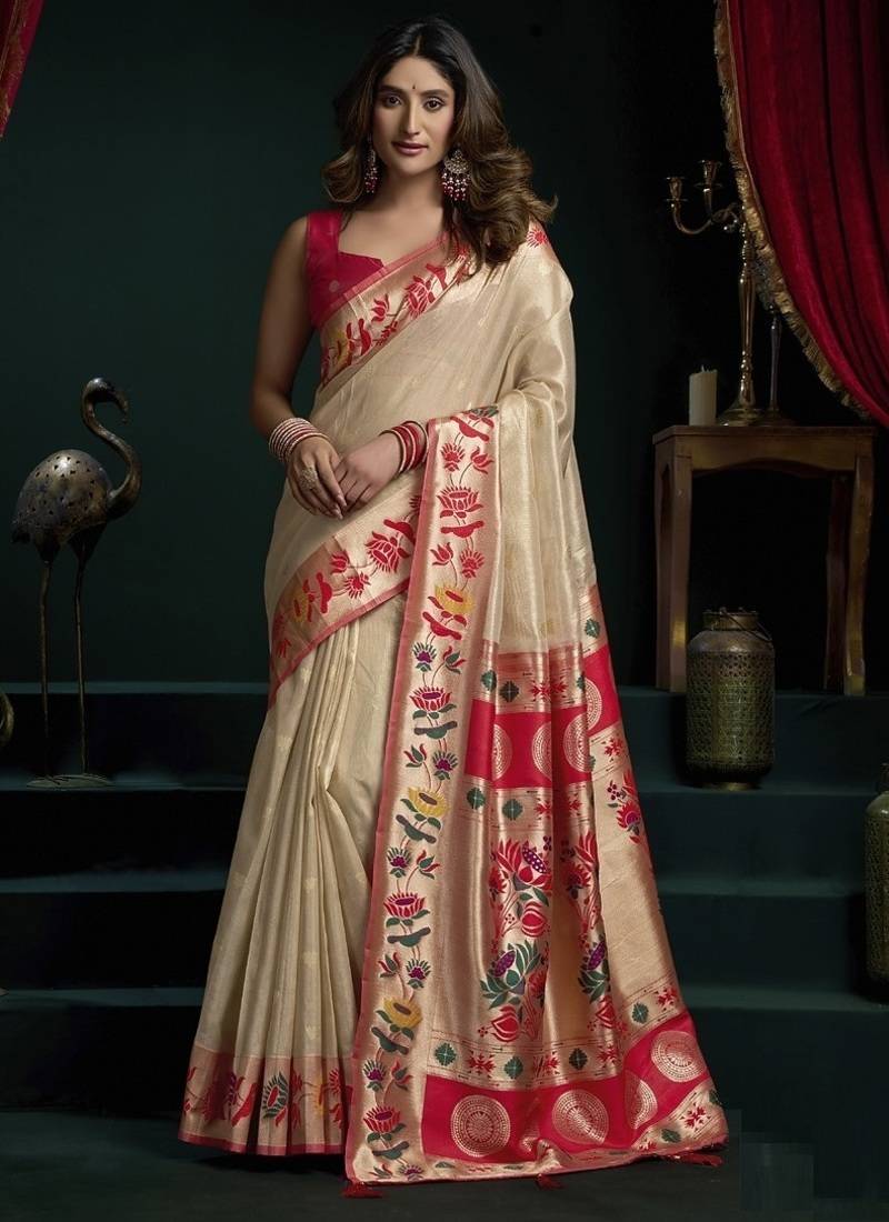Off white tissue paithani saree mina with lotus zari border