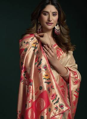 Off white tissue paithani saree mina with lotus zari border 2