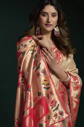 Off white tissue paithani saree mina with lotus zari border