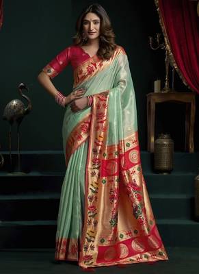 Turquoise tissue paithani saree mina with lotus zari border 1