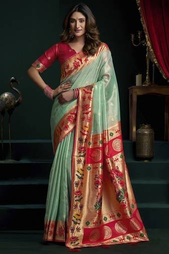 Turquoise tissue paithani saree mina with lotus zari border