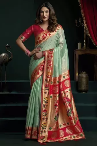 Turquoise tissue paithani saree mina with lotus zari border