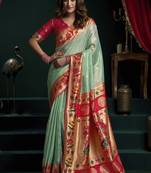 Turquoise tissue paithani saree mina with lotus zari border