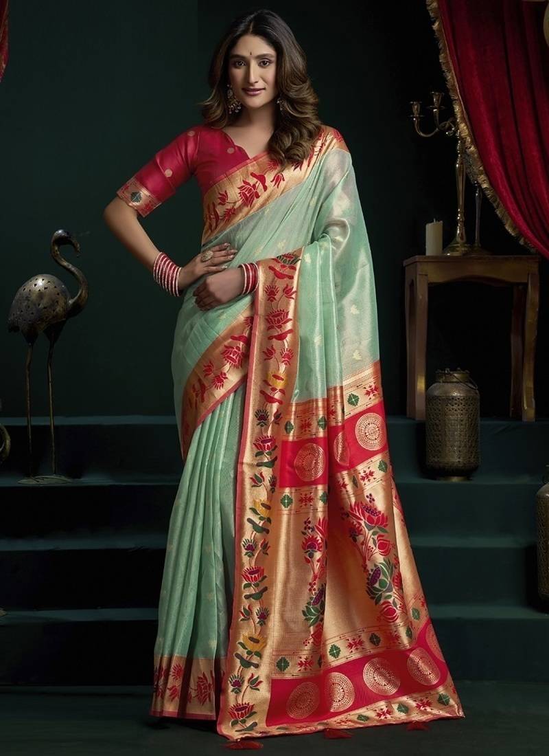 Turquoise tissue paithani saree mina with lotus zari border
