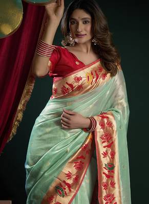 Turquoise tissue paithani saree mina with lotus zari border 2