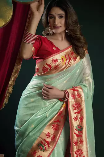Turquoise tissue paithani saree mina with lotus zari border