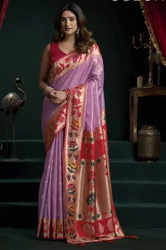 Onion pink tissue paithani saree mina with lotus zari border