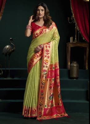 Parrot green tissue paithani saree mina with lotus zari border 1