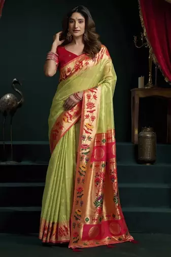Parrot green tissue paithani saree mina with lotus zari border