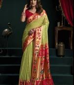 Parrot green tissue paithani saree mina with lotus zari border