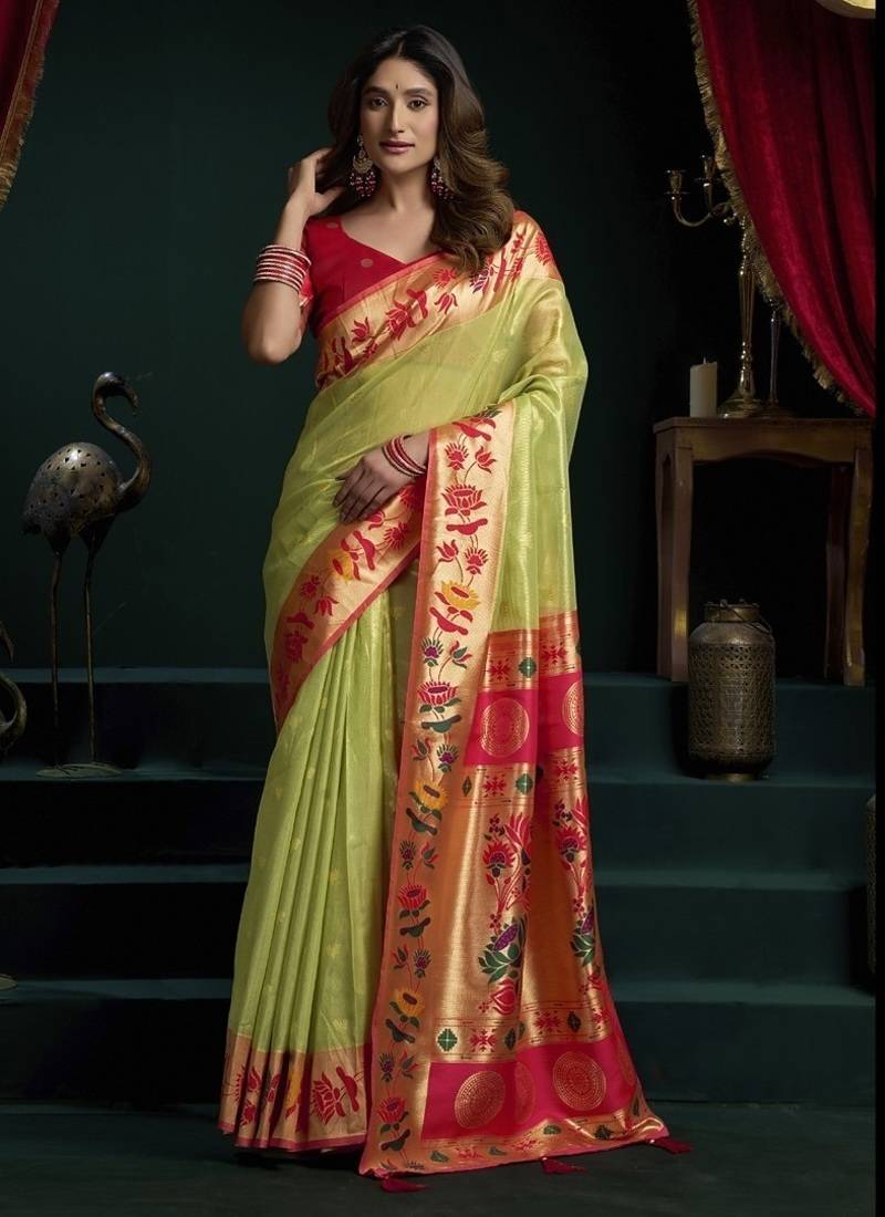 Parrot green tissue paithani saree mina with lotus zari border