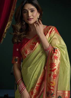 Parrot green tissue paithani saree mina with lotus zari border 2
