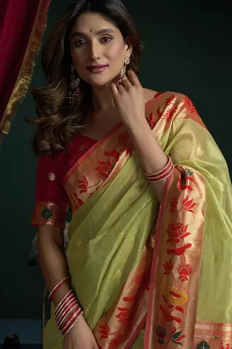 Parrot green tissue paithani saree mina with lotus zari border