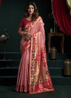 Peach tissue paithani saree mina with lotus zari border 1