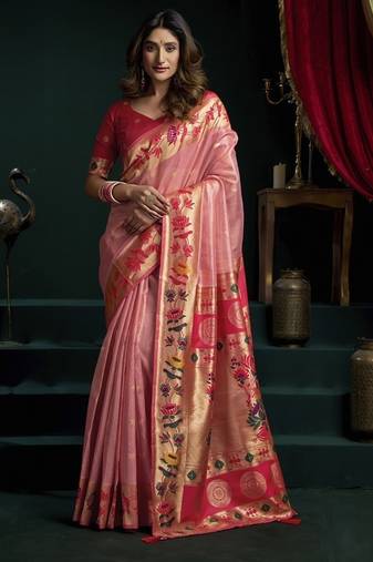 Peach tissue paithani saree mina with lotus zari border