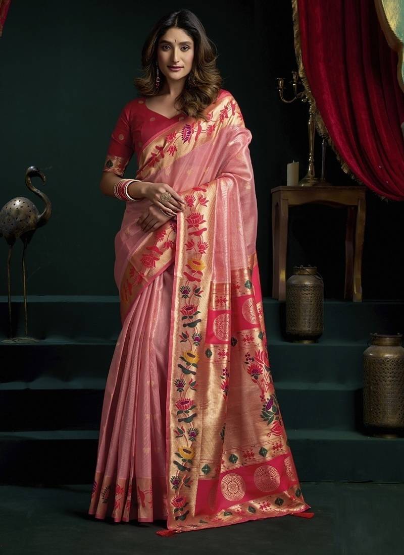 Peach tissue paithani saree mina with lotus zari border