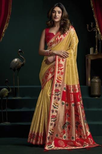 Yellow tissue paithani saree mina with lotus zari border
