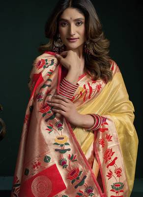 Yellow tissue paithani saree mina with lotus zari border 2