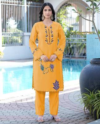 Yellow embroidered art silk straight cut kurta pants set 1
