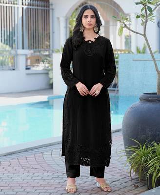 Black embroidered art silk straight cut kurta 1