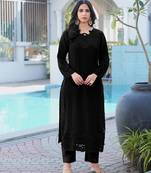Black embroidered art silk straight cut kurta