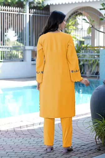 Yellow embroidered art silk straight cut kurta pants set