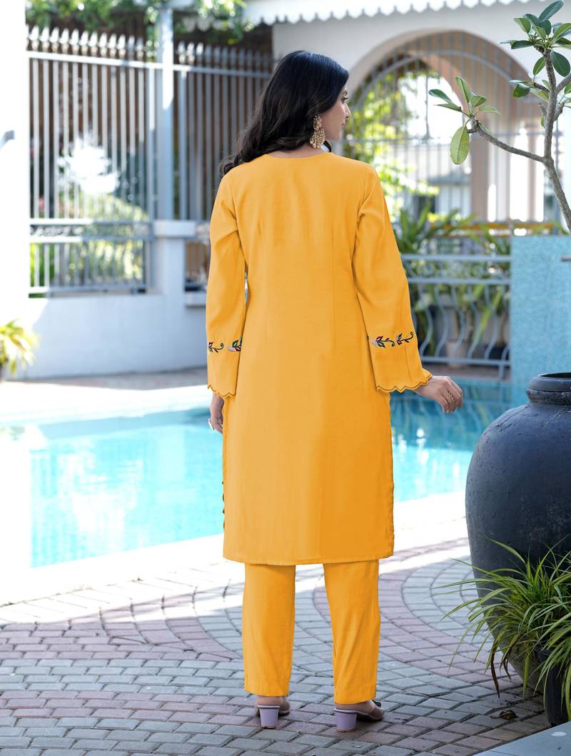 Yellow embroidered art silk straight cut kurta pants set
