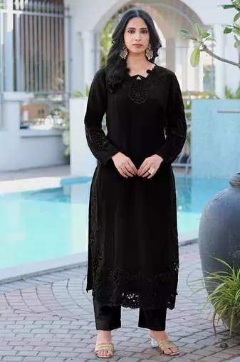 Black embroidered art silk straight cut kurta pants set